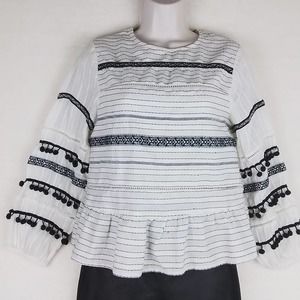 ZARA Boho Blouse Size‎ Small in Black White Stipes w/ Pom Pom fringe
